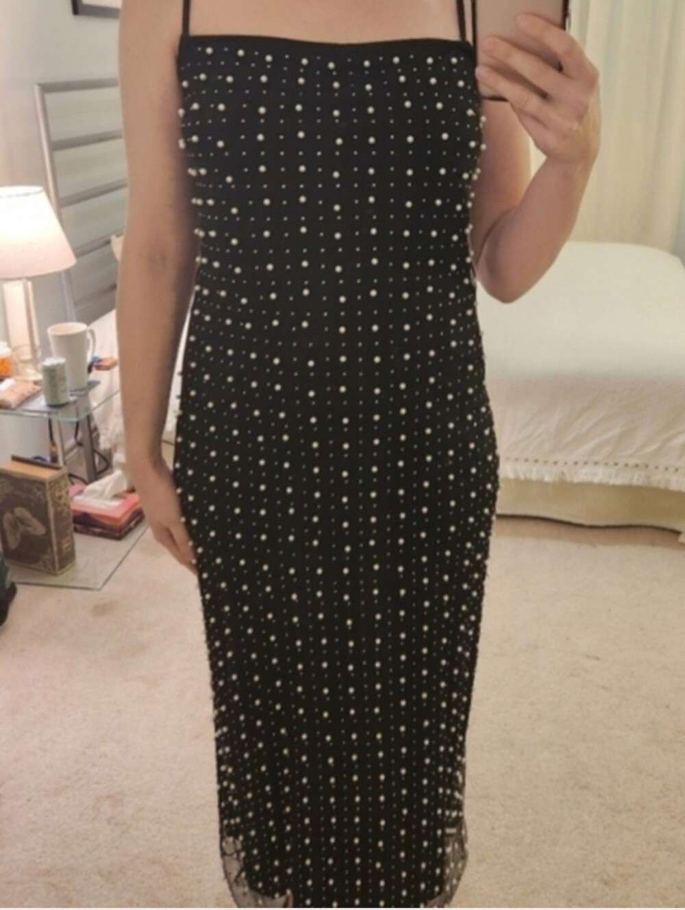 Black Maxi Dress with White Pearl Enbellishments